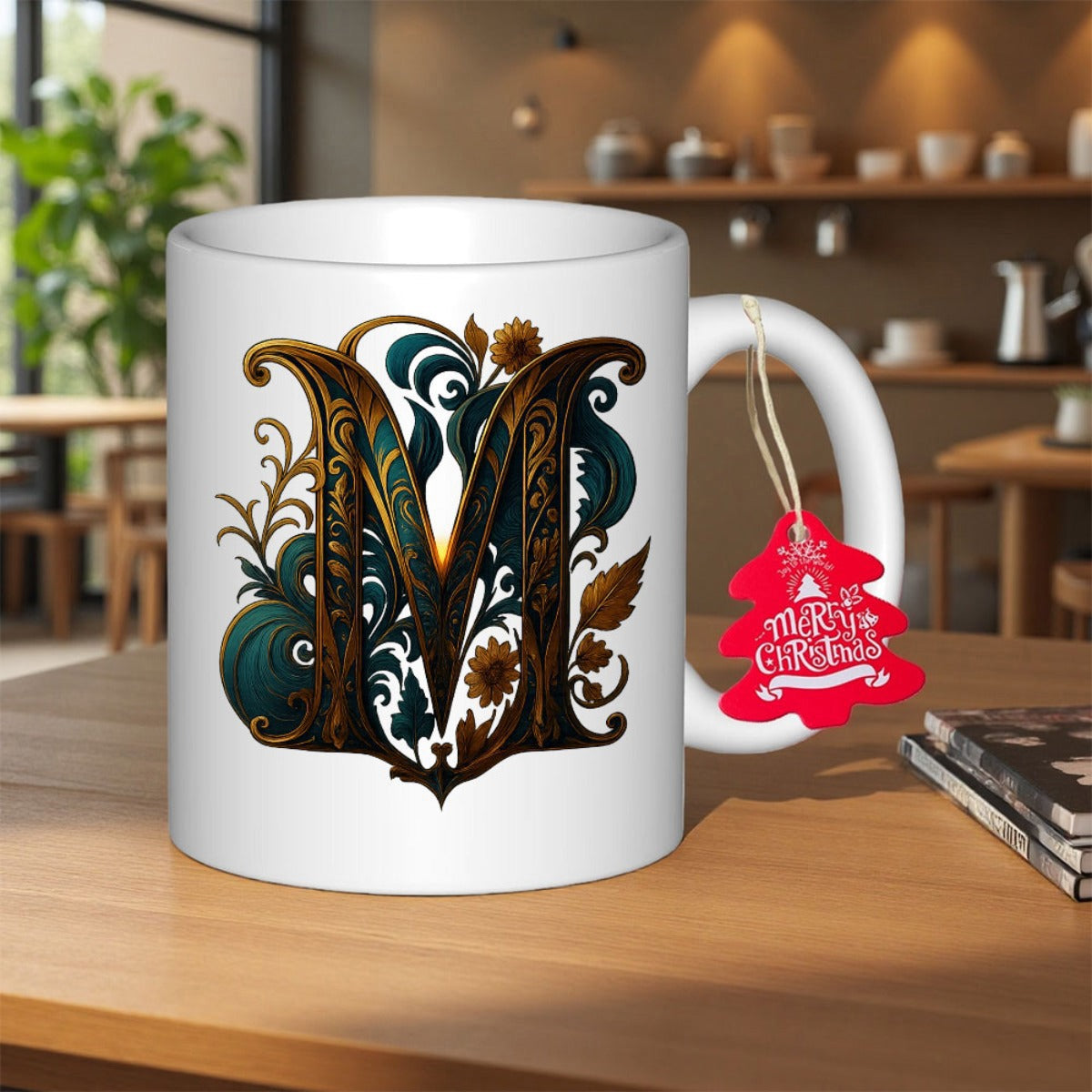 Tailorly White Ceramic 11 oz Mug - M Ornate Bronze Floral Patterns With Intricate Scrollwork And Vintage Golden Accents Initial