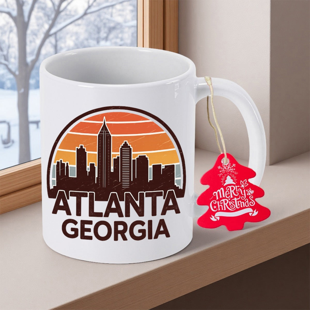 Tailorly White Ceramic 11 oz Mug - Atlanta Georgia Retro Circle Sunset With Dark City Building Silhouettes Skyline