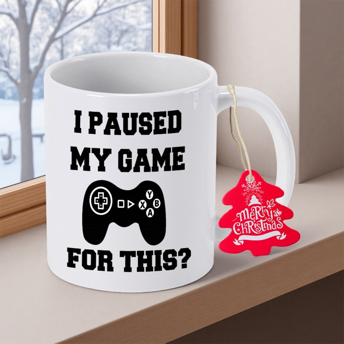 Tailorly White Ceramic 11 oz Mug - I Paused My Game For This Simple Black Silhouette Of A Modern Handheld Gaming Console Controller