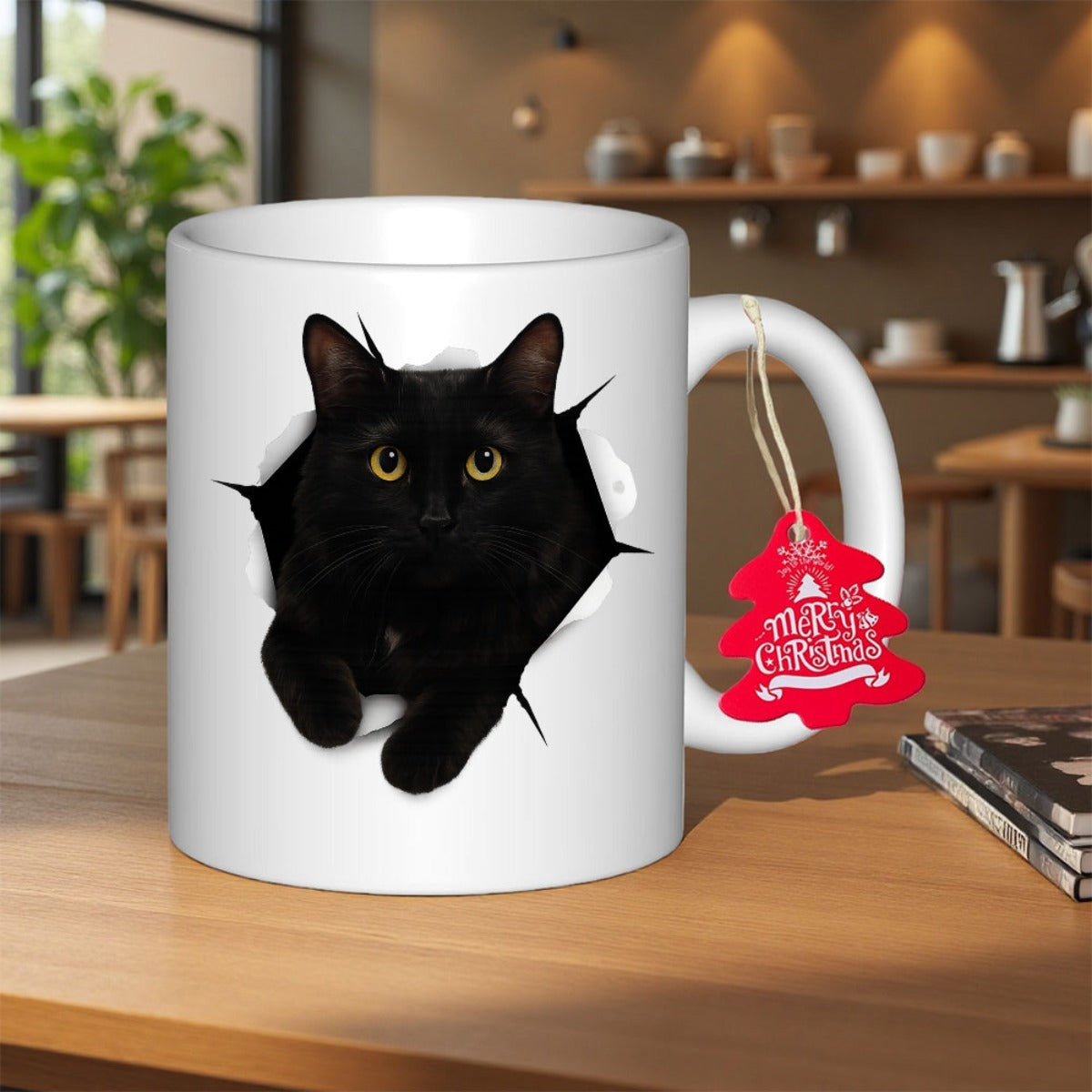 Tailorly White Ceramic 11 oz Mug - Merry Christmas Mysterious Black Peeking From A Ripped White Paper Hole Cat