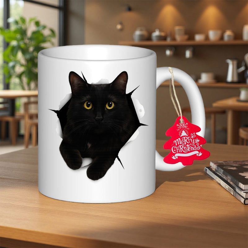 Tailorly White Ceramic 11 oz Mug - Merry Christmas Mysterious Black Peeking From A Ripped White Paper Hole Cat