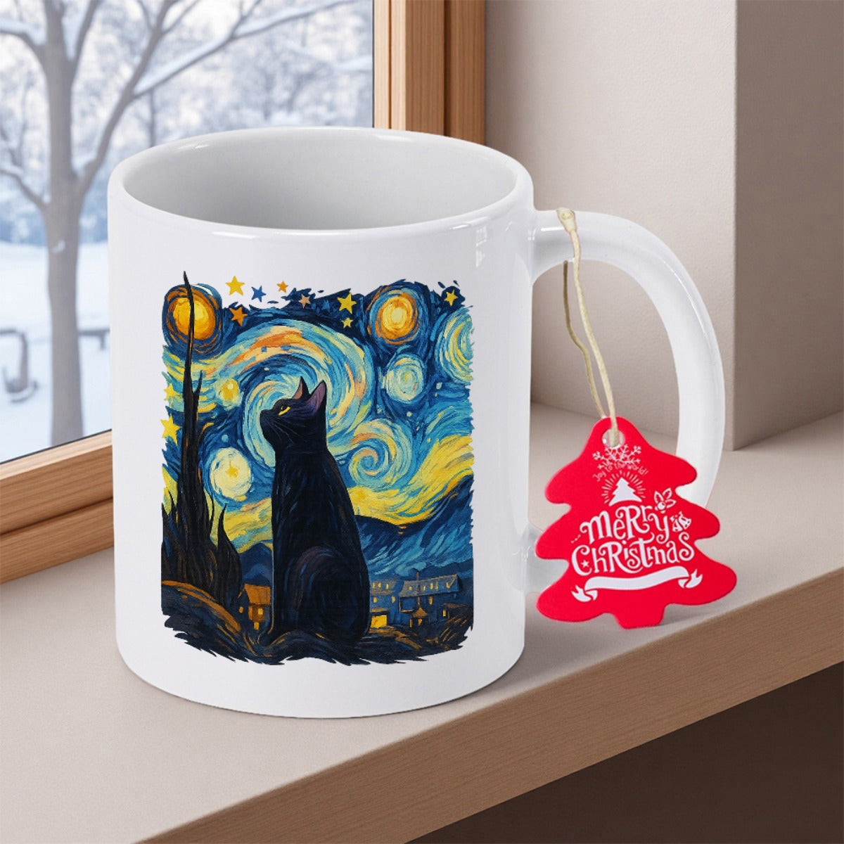Tailorly White Ceramic 11 oz Mug - Merry Christmas Swirling Starry Night Sky Under Golden Moon With A Peaceful Sitting Cat