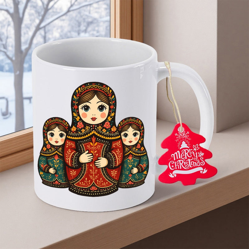 Tailorly White Ceramic 11 oz Mug - Merry Christmas Three Traditional Wooden Nesting Dolls With Intricate Red And Green Patterns Matryoshka