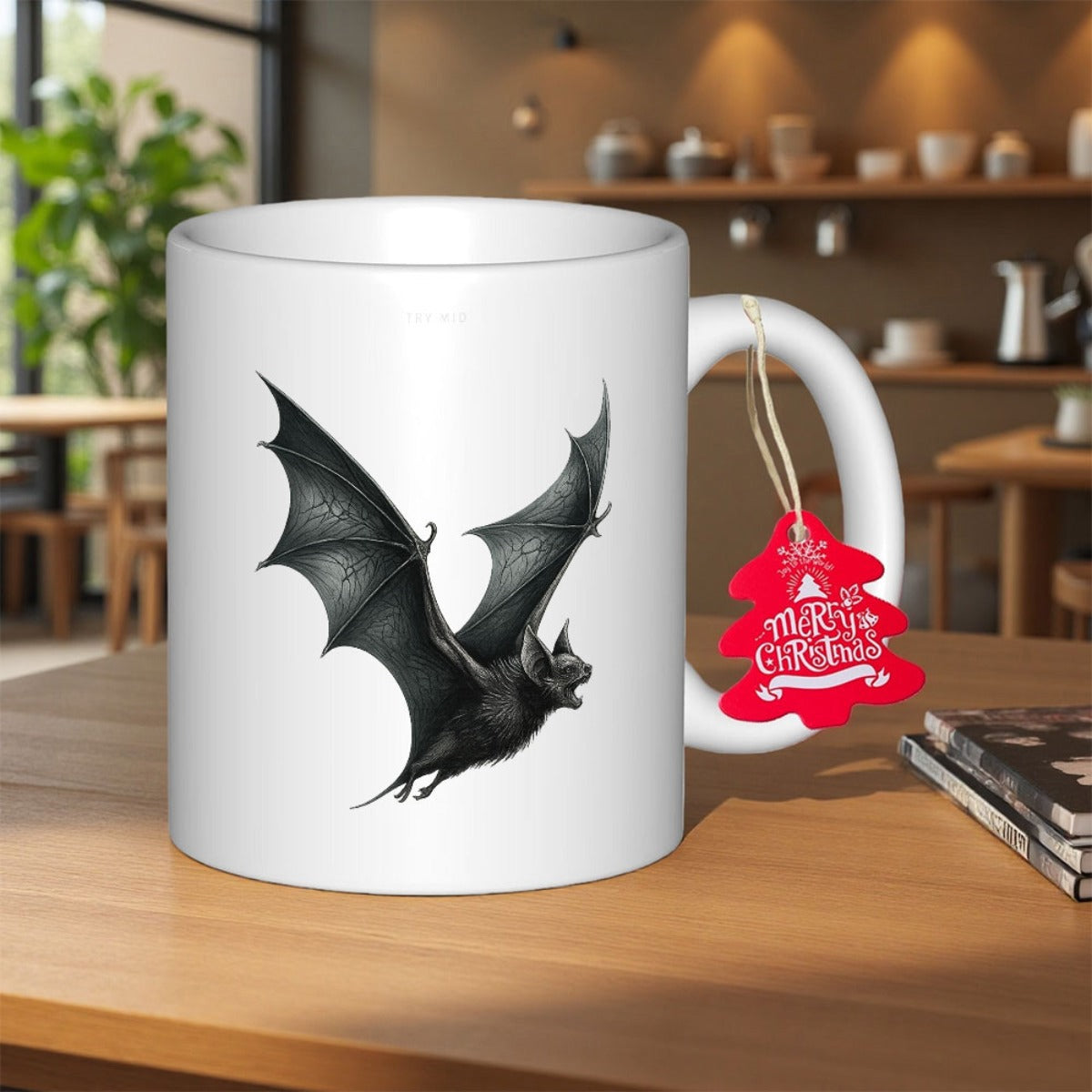 Tailorly White Ceramic 11 oz Mug - Merry Christmas Spreading Majestic Dark Wings Against A Clean Minimalist Background Bat