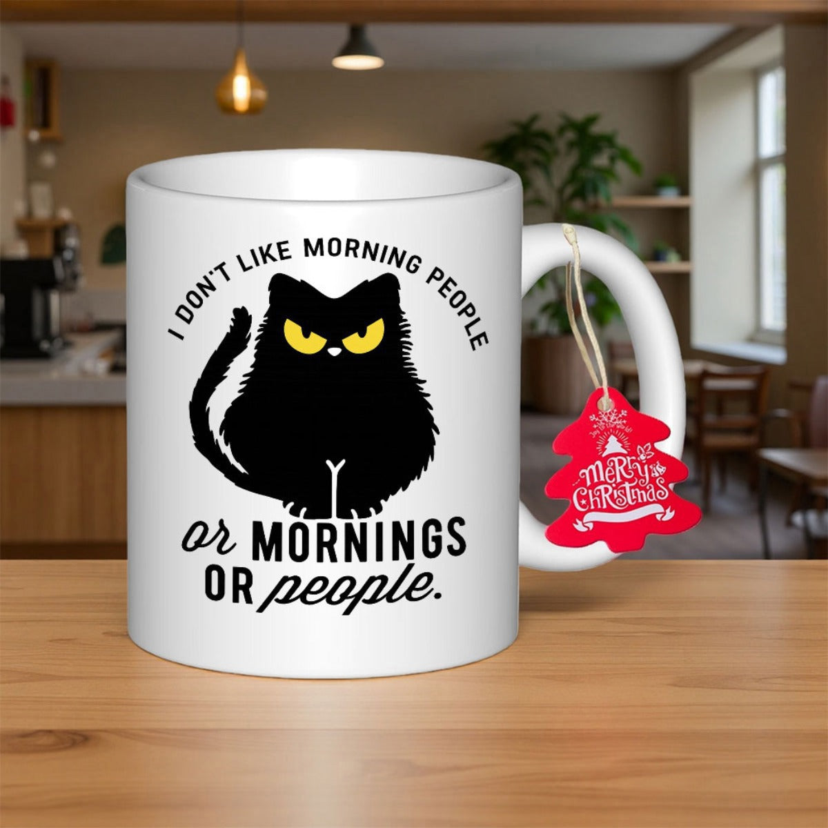 Tailorly White Ceramic 11 oz Mug - I Don't Like Morning People Or Mornings Or People Grumpy Fluffy Black Cat With Sharp Yellow Eyes In Sitting Position Cat