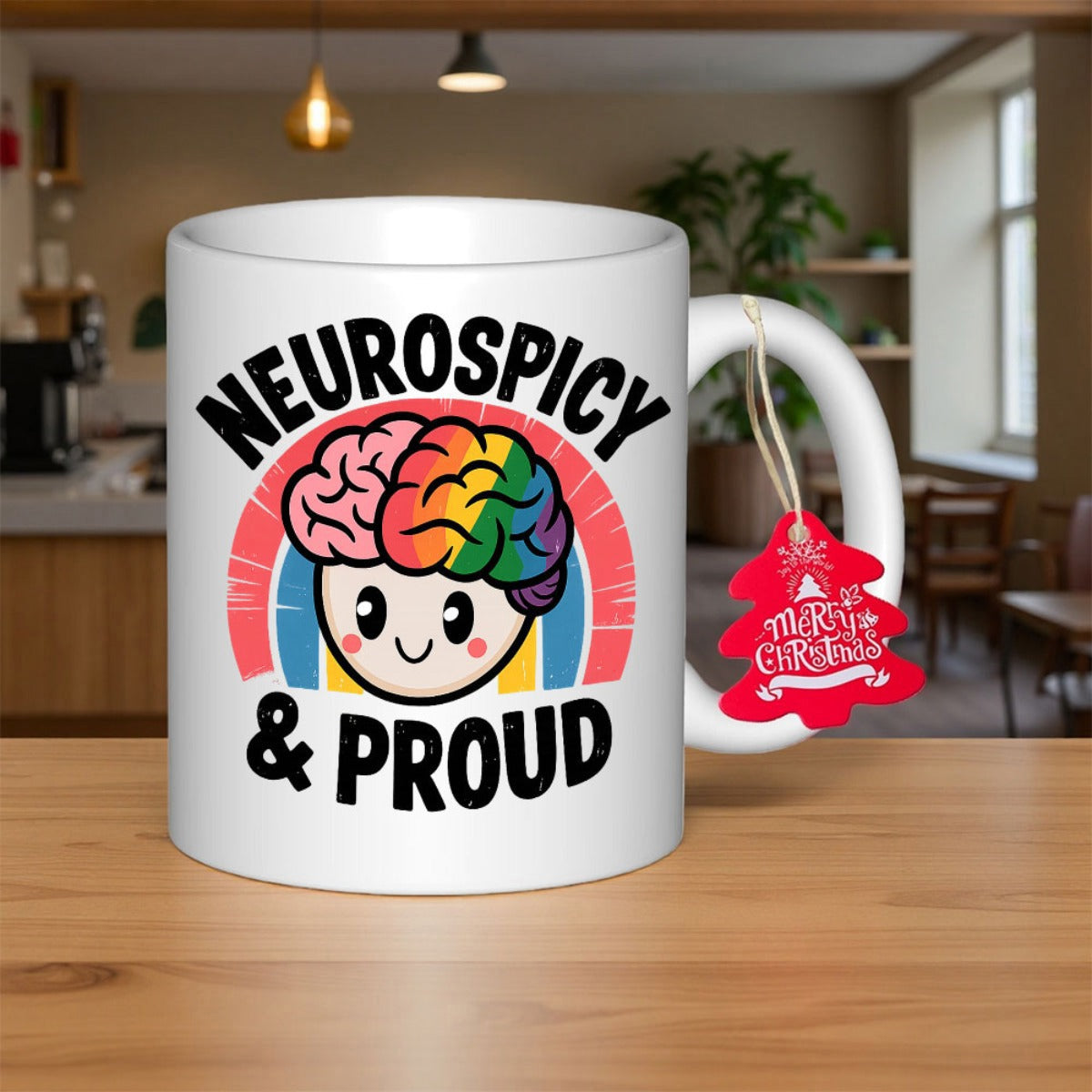 Tailorly White Ceramic 11 oz Mug - Neurospicy Proud Cute Smiling Cartoon Character With Vibrant Rainbow Colors And Arch Brain