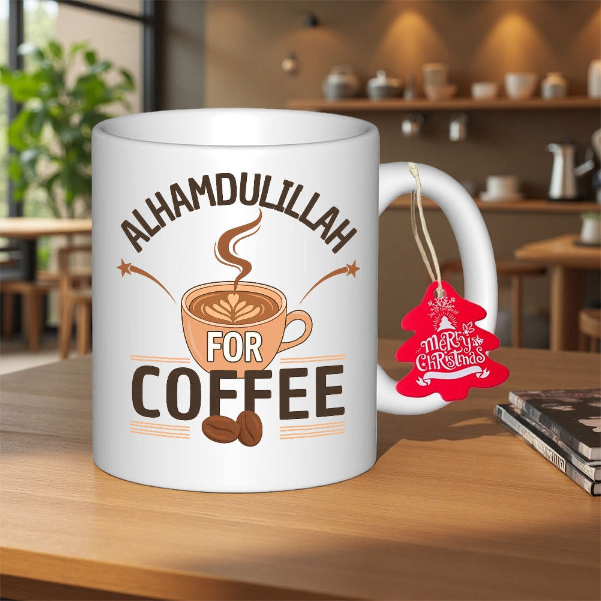 Tailorly White Ceramic 11 oz Mug - Alhamdulillah For Coffee Hot Steaming Cup With Latte Art Among Scattered Roasted Coffee Beans Coffee