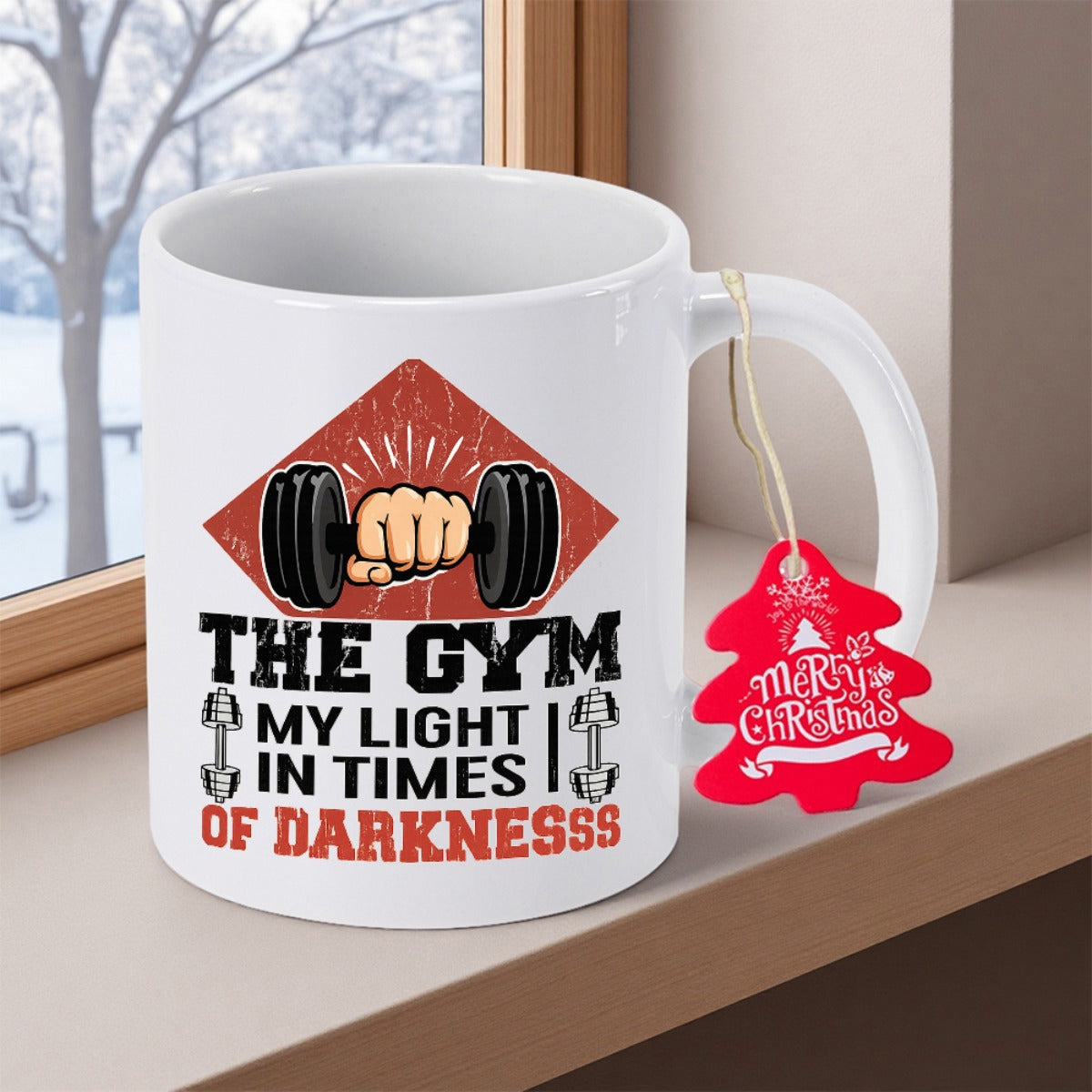 Tailorly White Ceramic 11 oz Mug - The Gym My Light In Times Of Darknesss Strong Hand Gripping A Heavy Metal Textured Fitness Weight Dumbbell