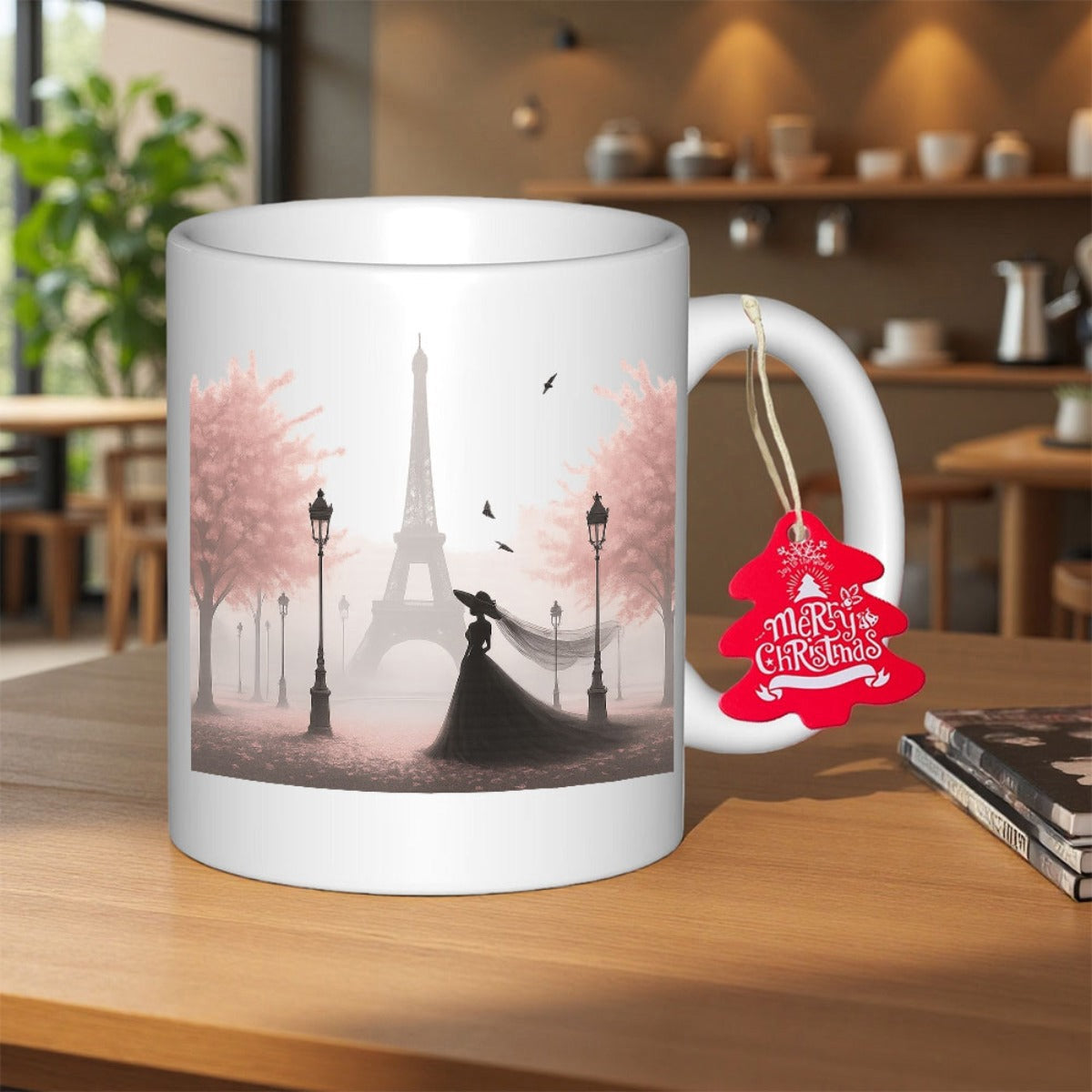 Tailorly White Ceramic 11 oz Mug - Merry Christmas Elegant Woman In Silhouette Standing Among Pink Trees Near Eiffel Tower