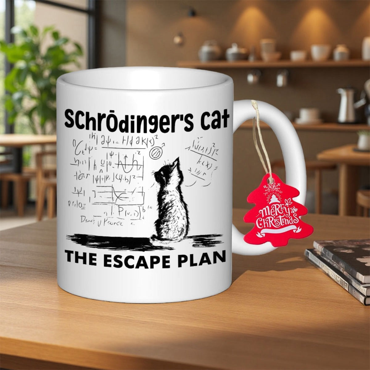 Tailorly White Ceramic 11 oz Mug - Schrodingers Cat The Escape Plan Black Silhouette Looking Towards Hand Drawn Physics Formulas In Minimalist Style Cat