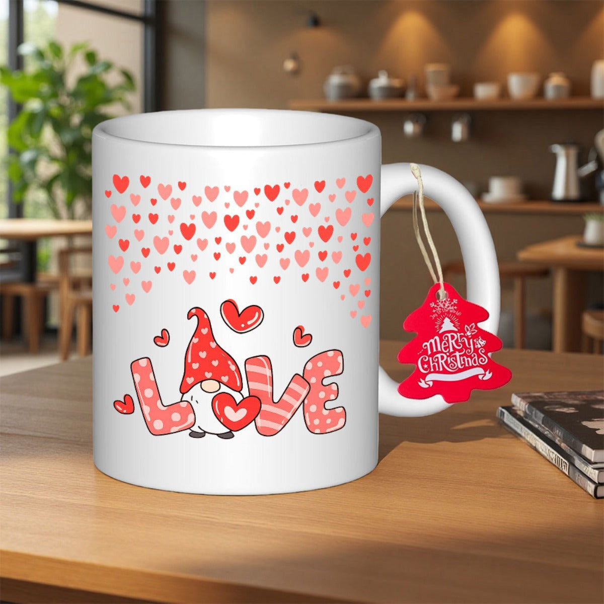 Tailorly White Ceramic 11 oz Mug - Love Scattered Tiny Red Hearts Floating Above Cute Holiday Gnome
