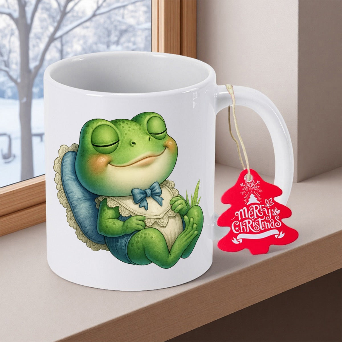 Tailorly White Ceramic 11 oz Mug - Merry Christmas Adorable Sleeping Green Creature Resting Peacefully Against A Soft Blue Plush Frog