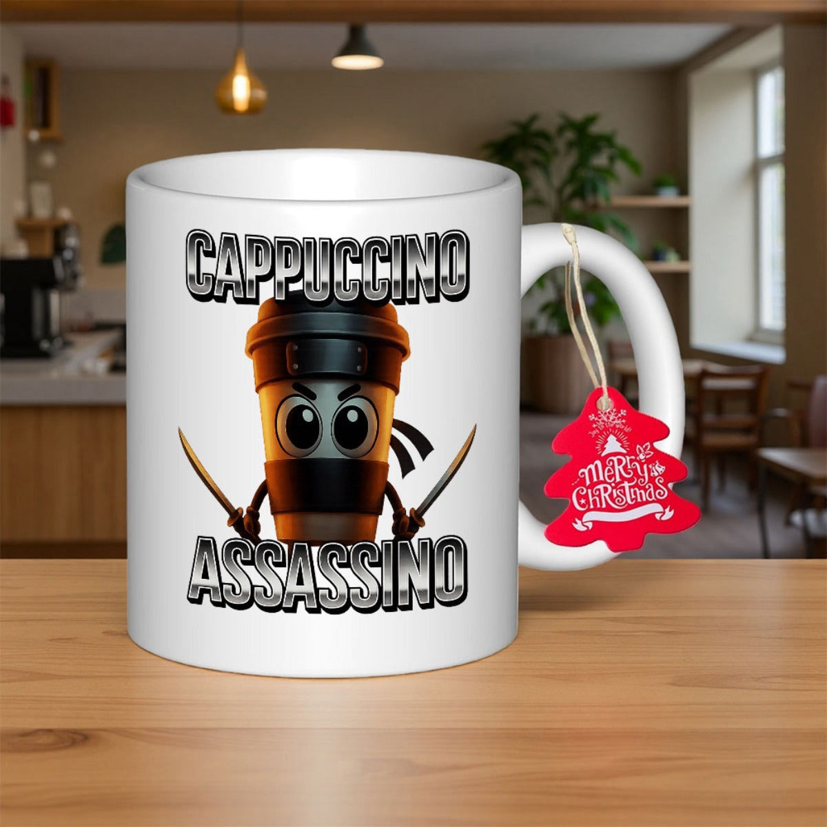 Tailorly White Ceramic 11 oz Mug - Cappuccino Fierce Coffee Cup Character Holding Dual Swords Wearing A Black Headband Ninja