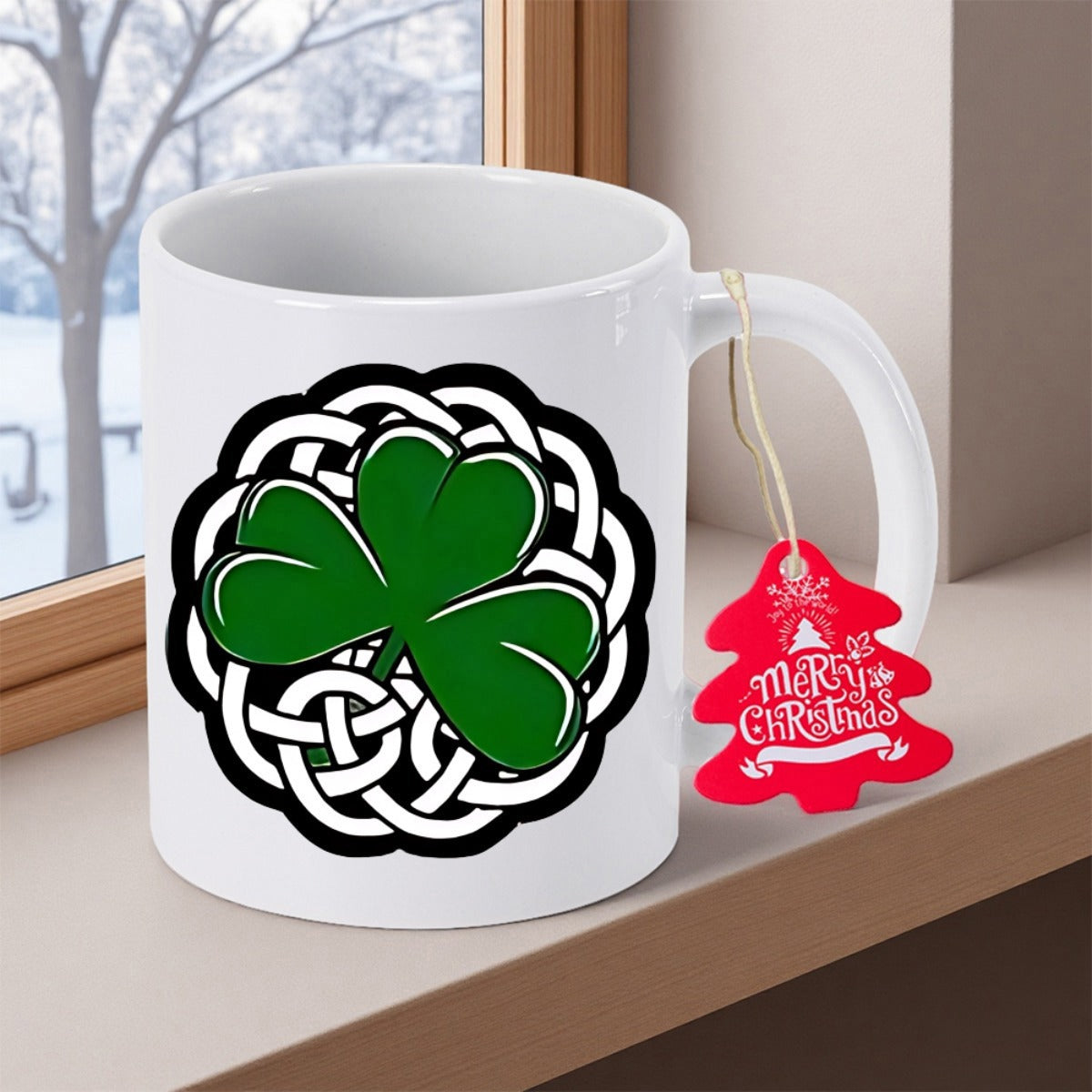 Tailorly White Ceramic 11 oz Mug - Merry Christmas Intricate Circular Monochrome Geometric Design With Vibrant Green Triple Leaf Shamrock
