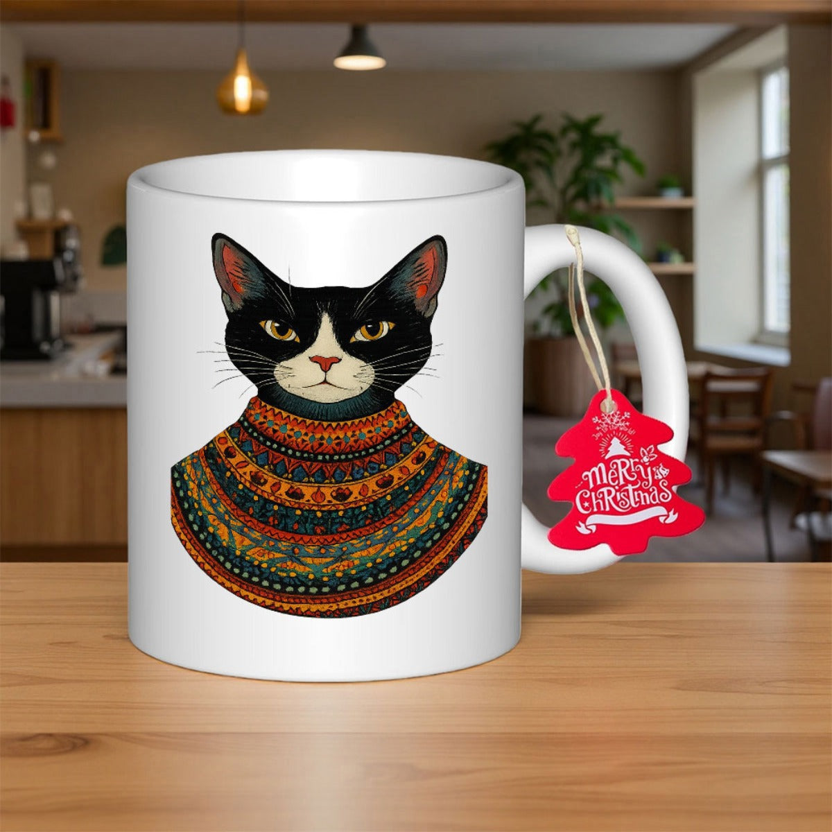 Tailorly White Ceramic 11 oz Mug - Merry Christmas Sophisticated Black And White Tuxedo Cat Wearing Intricate Colorful Patterned Knitted Cozy Sweater Cat