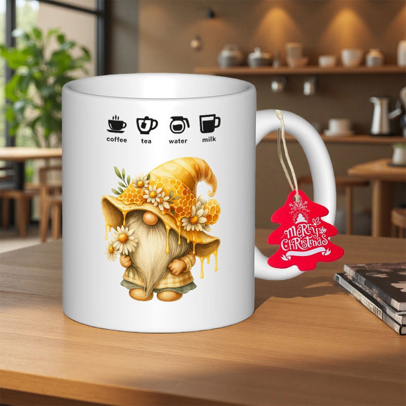 Tailorly White Ceramic 11 oz Mug - Coffee Tea Water Milk Whimsical Bee Themed Garden Gnome Wearing Sunflower Hat Decorated With Daisies Gnome