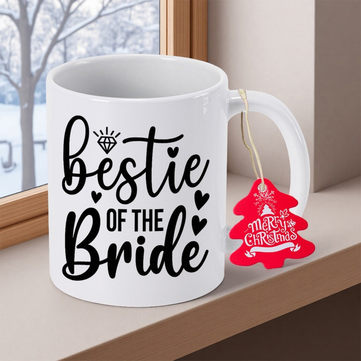 Tailorly White Ceramic 11 oz Mug - Bestie Of The Bride Elegant Script Lettering With Small Hearts Decorative Ceramic Mug