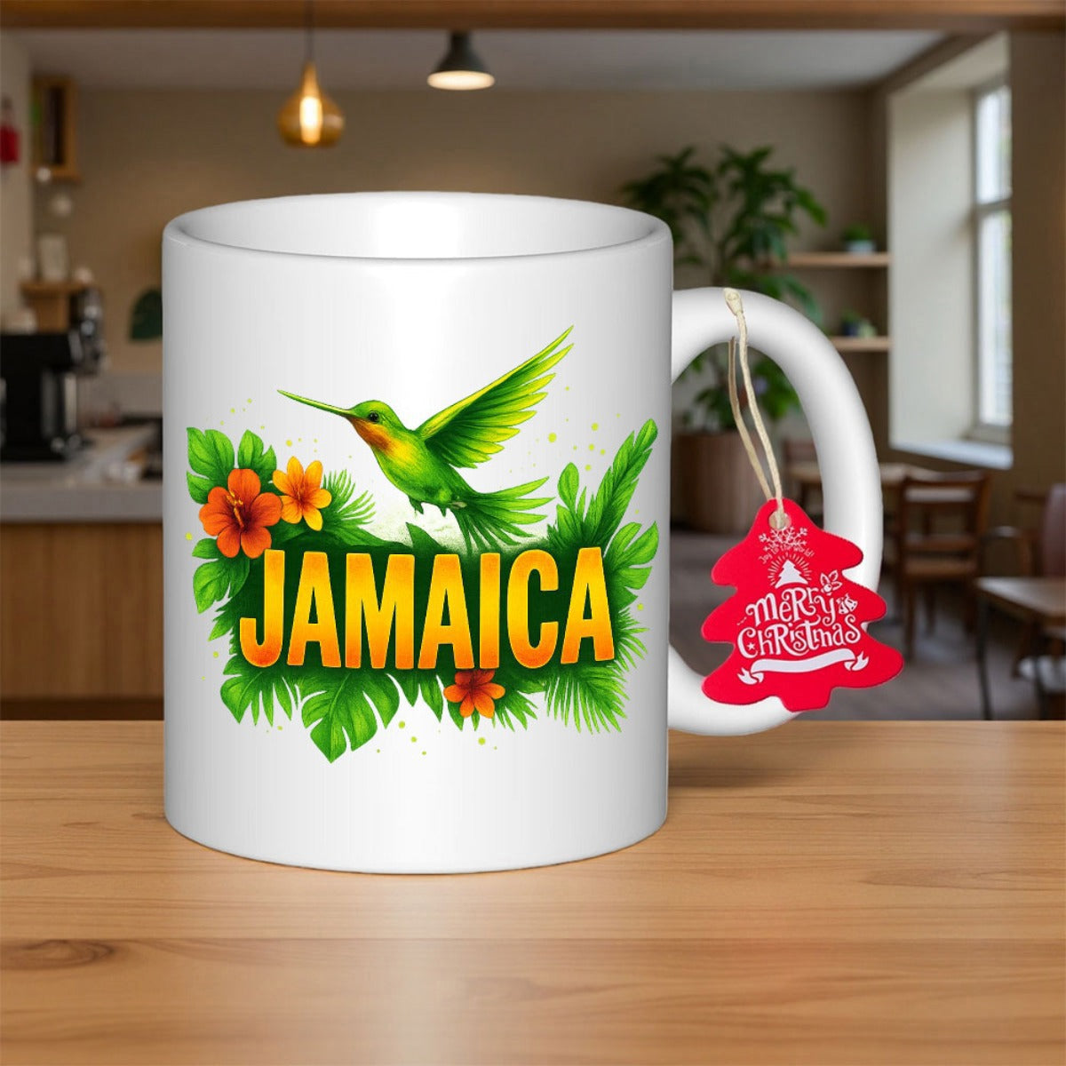 Tailorly White Ceramic 11 oz Mug - Jamaica Vibrant Green Hummingbird Hovering Among Lush Tropical Leaves And Exotic Hibiscus Hummingbird