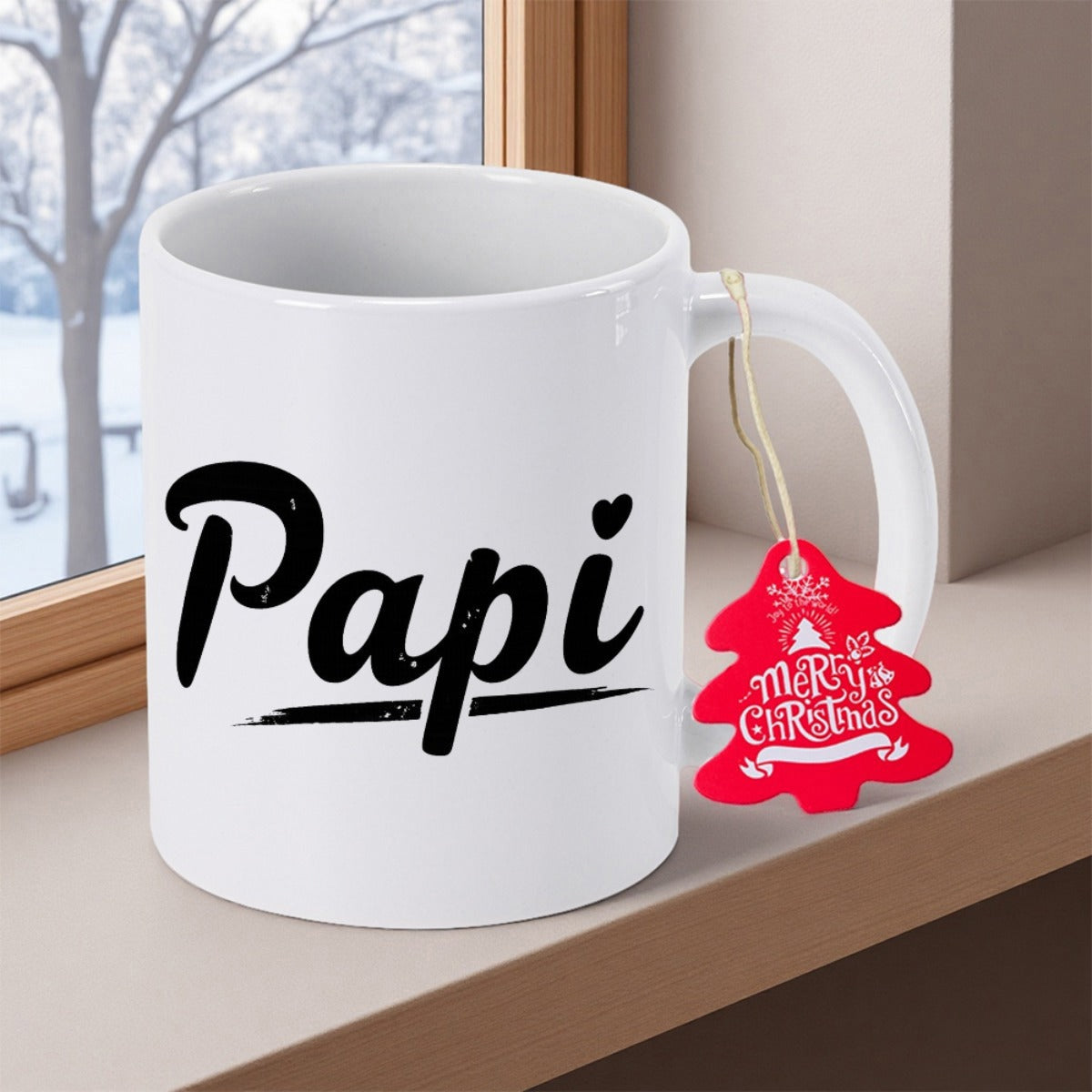 Tailorly White Ceramic 11 oz Mug - Papi Merry Christmas Simple Elegant White Ceramic Vessel With Bold Black Artistic Handwritten Font Mug