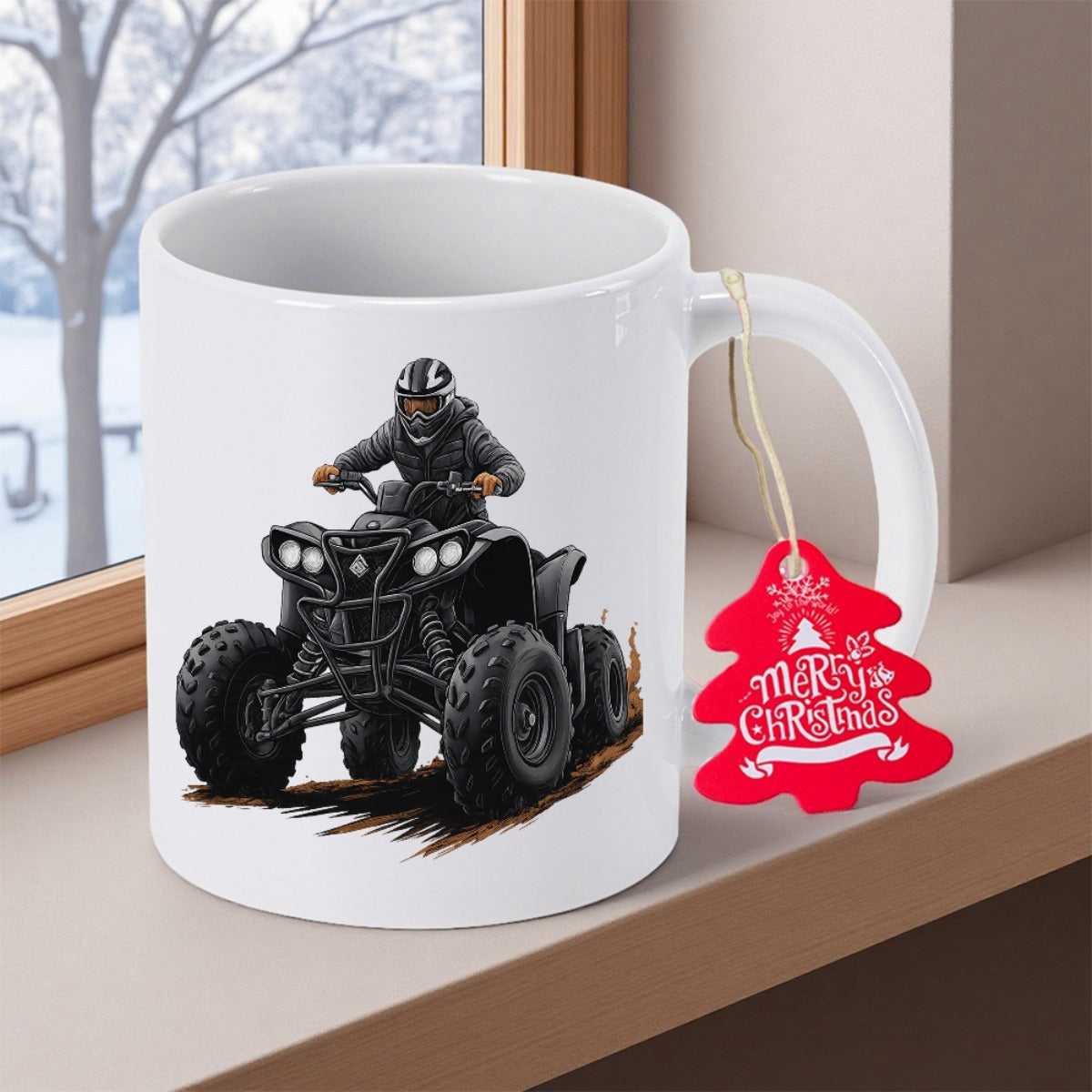 Tailorly White Ceramic 11 oz Mug - Powerful Black All Terrain Vehicle Driving Through Muddy Ground With Helmeted Rider ATV