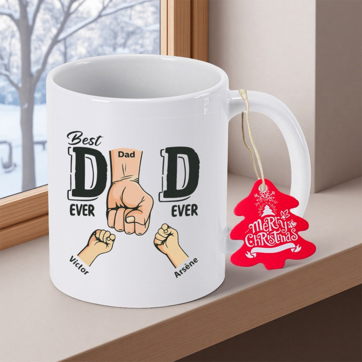 Tailorly White Ceramic 11 oz Mug - Best Dad Ever Three Loving Fist Bumps Representing Family Bonds Between Father And Children Mug