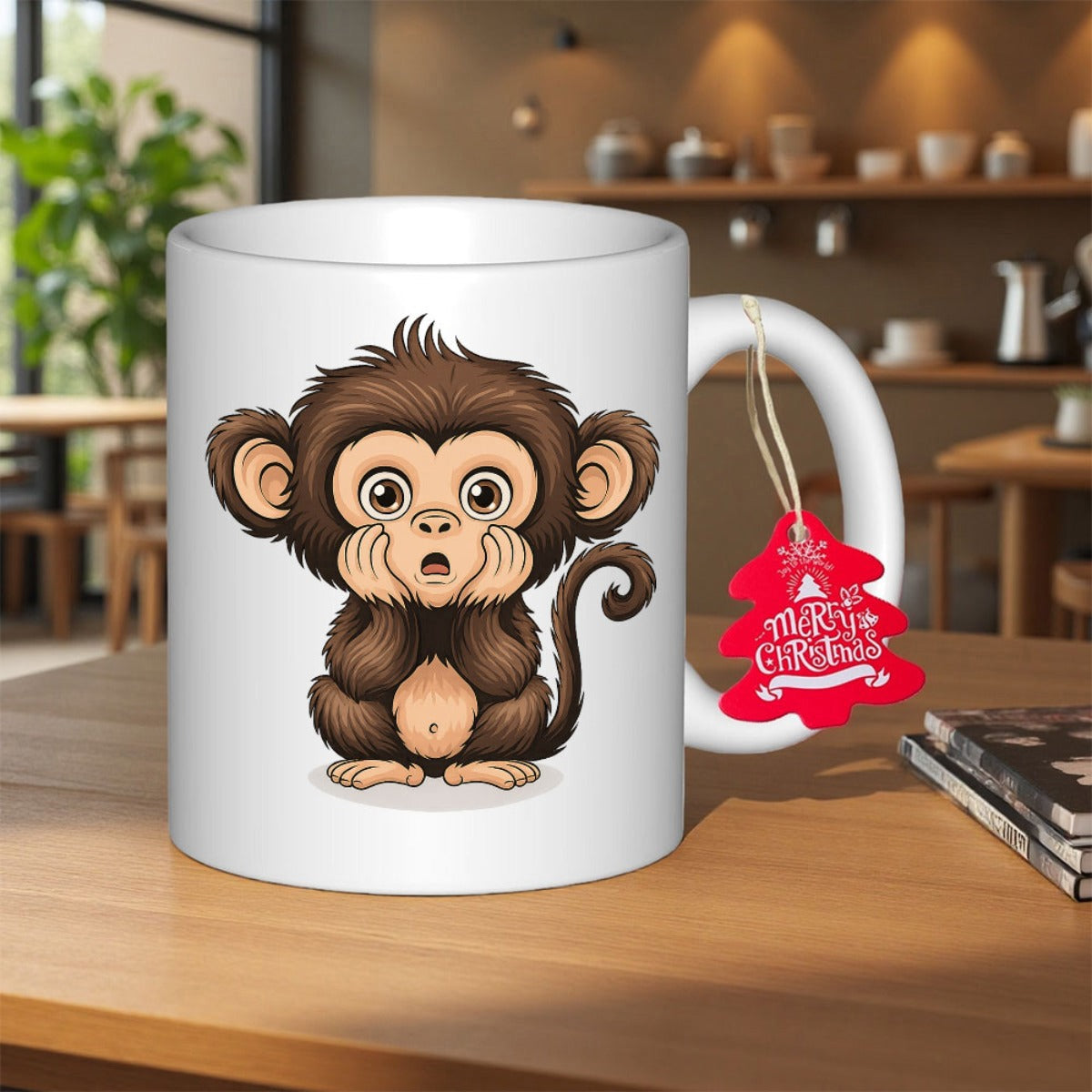 Tailorly White Ceramic 11 oz Mug - Merry Christmas Adorable Small Brown Monkey Sitting In A Surprised Pose Monkey