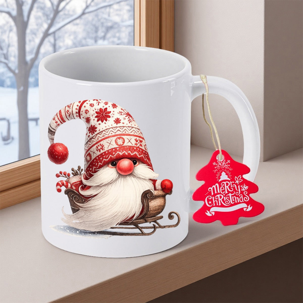 Tailorly White Ceramic 11 oz Mug - Merry Christmas Festive Bearded Character In Sleigh Wearing Red Patterned Hat Gnome