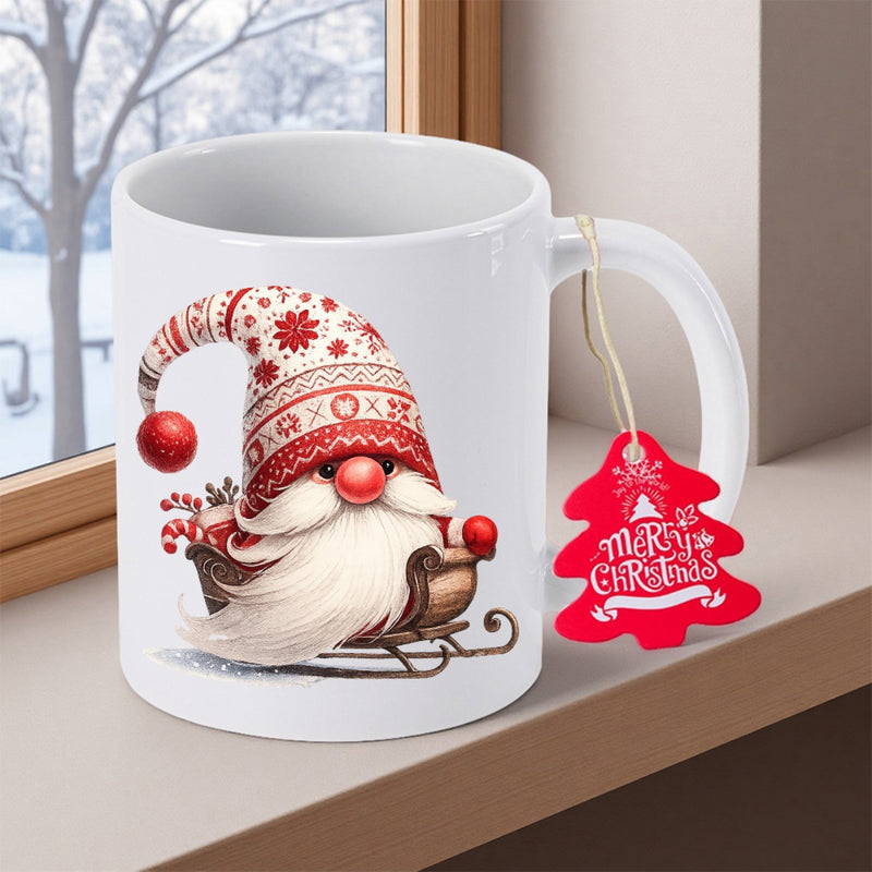 Tailorly White Ceramic 11 oz Mug - Merry Christmas Festive Bearded Character In Sleigh Wearing Red Patterned Hat Gnome