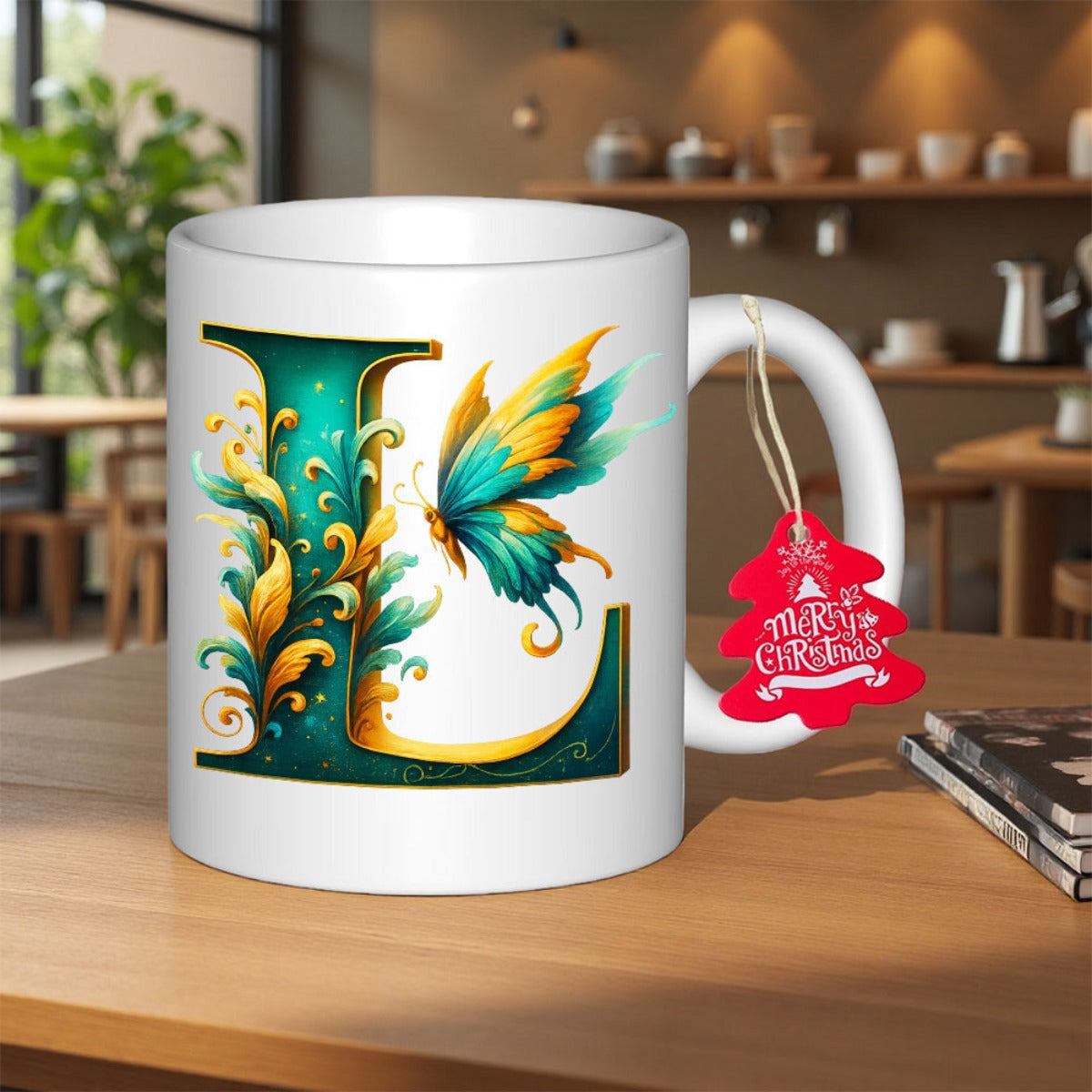 Tailorly White Ceramic 11 oz Mug - Merry Christmas L Elegant Teal And Gold Flourishes With A Graceful Winged Butterfly Letter