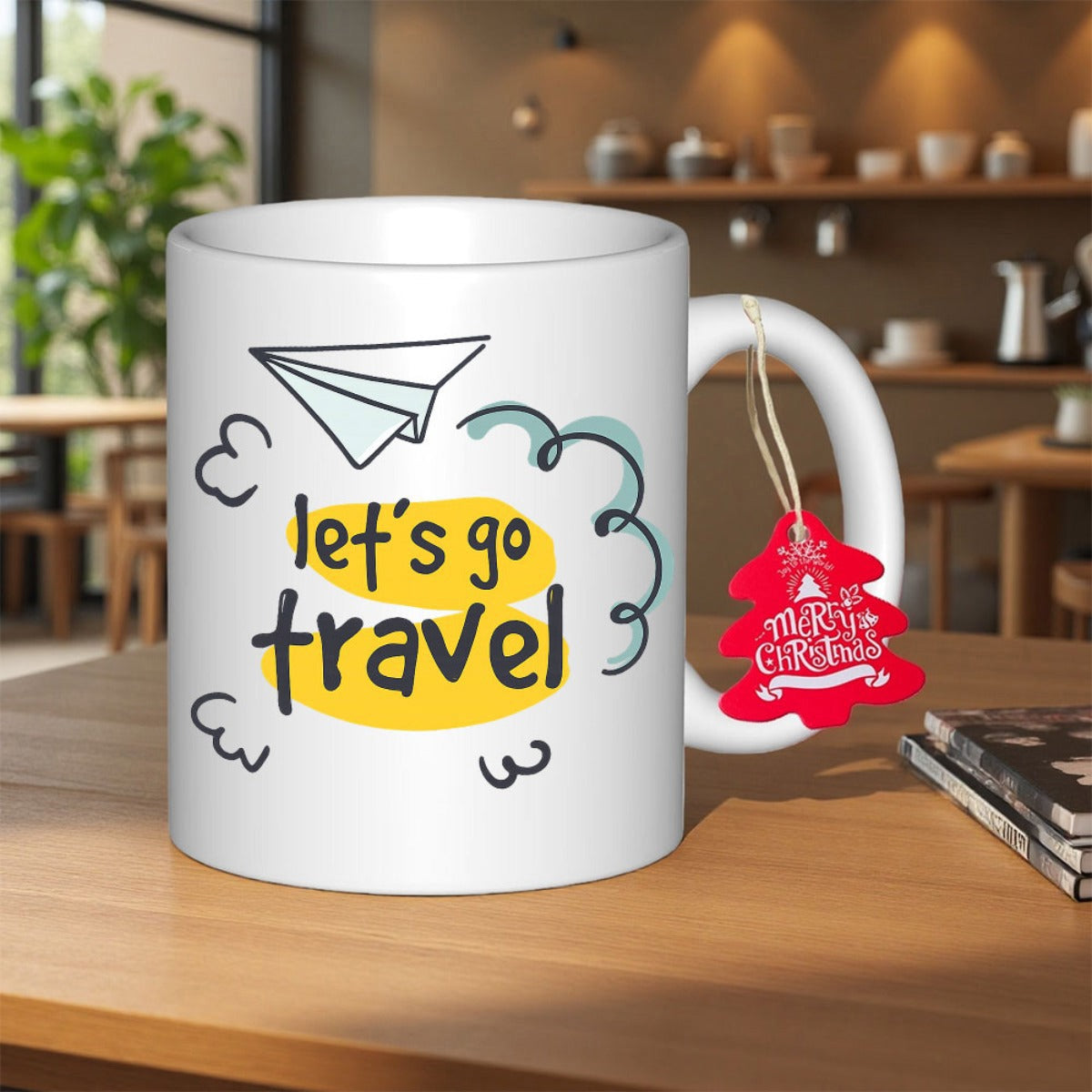 Tailorly White Ceramic 11 oz Mug - Lets Go Travel Simple Hand Drawn Line Art Flying Among Abstract Cloud Doodles Paper Airplane