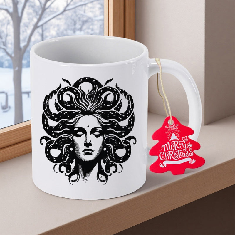 Tailorly White Ceramic 11 oz Mug - Merry Christmas Intricate Mythological Portrait Featuring Slithering Snake Hair And Mysterious Gaze Medusa