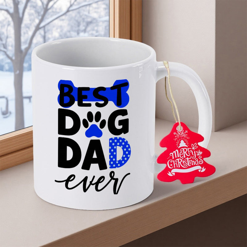 Tailorly White Ceramic 11 oz Mug - Best Dog Dad Ever Bold Lettering Featuring Blue Bone And Cute Paw Print Mug