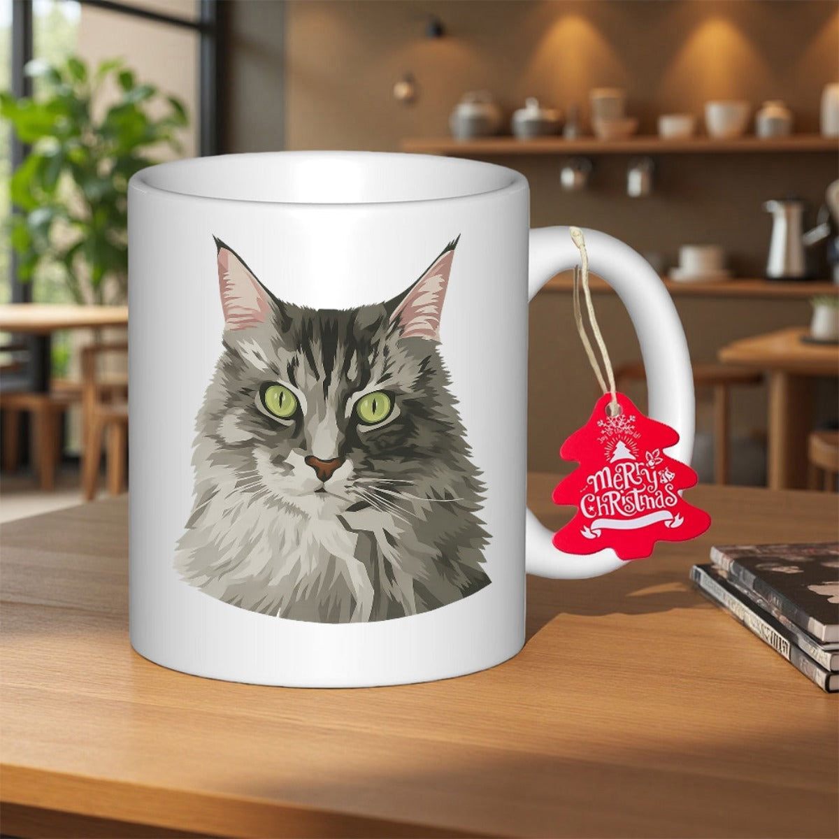 Tailorly White Ceramic 11 oz Mug - Merry Christmas Realistic Gray Maine Coon Portrait Featuring Soft Fur And Green Eyes Cat