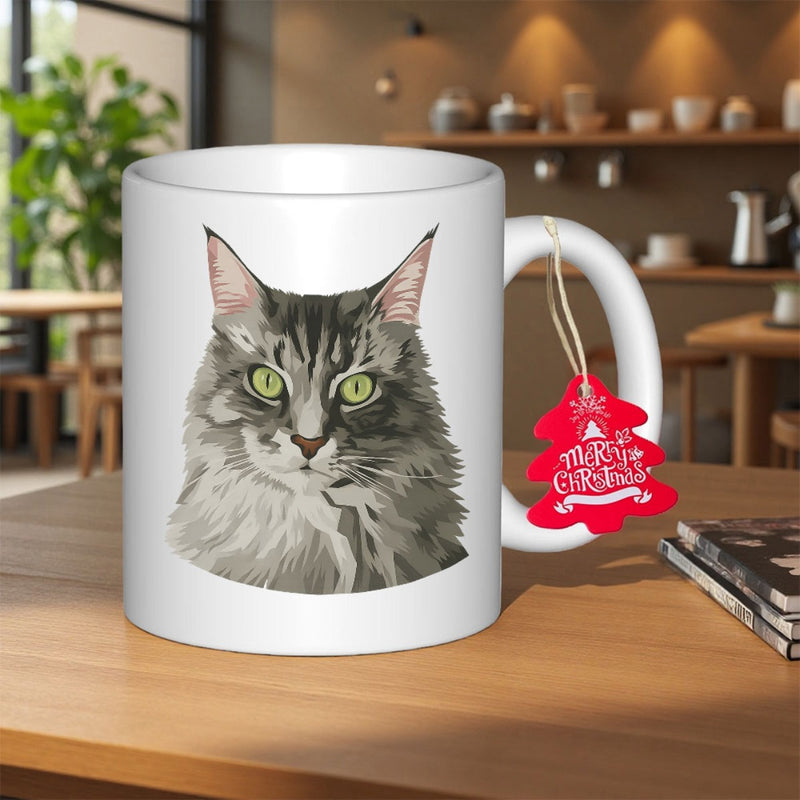 Tailorly White Ceramic 11 oz Mug - Merry Christmas Realistic Gray Maine Coon Portrait Featuring Soft Fur And Green Eyes Cat