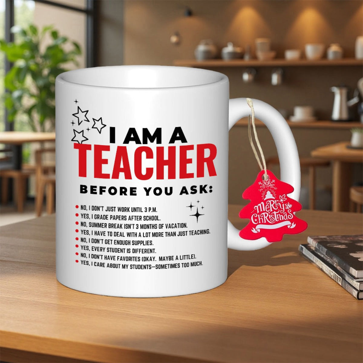 Tailorly White Ceramic 11 oz Mug - I Am A Teacher Before You Ask Minimalist Black Stars And Festive Red Hanging Christmas Tree Decoration Mug