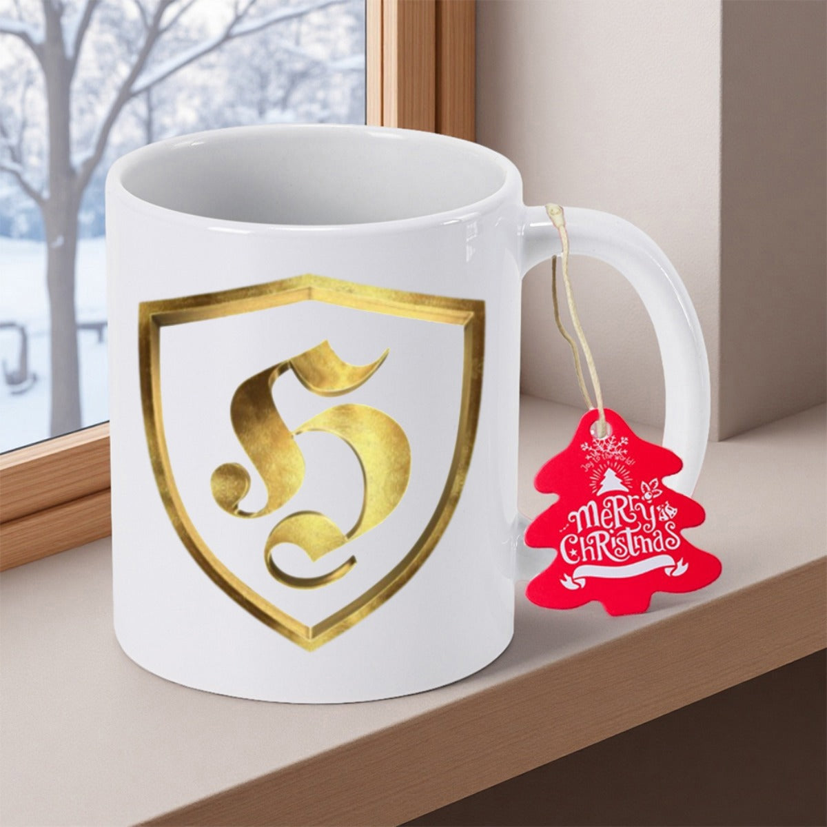 Tailorly White Ceramic 11 oz Mug - Merry Christmas Golden Shield With Ornate Gothic Initial Inside On