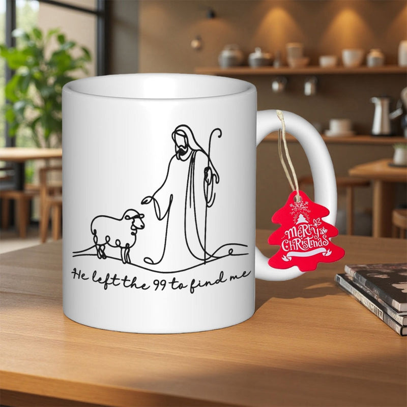 Tailorly White Ceramic 11 oz Mug - He Left The 99 To Find Me Minimalist Black Line Drawing Featuring A Kind Shepherd With A Wandering Sheep