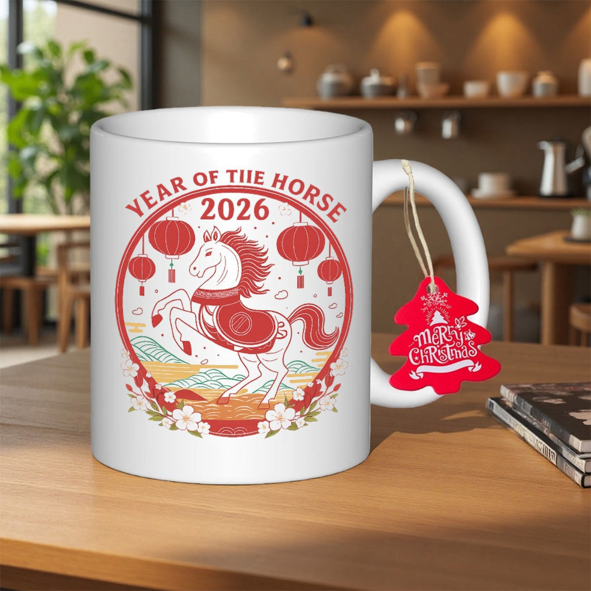 Tailorly White Ceramic 11 oz Mug - Year Of The Horse 2026 Merry Christmas Majestic White Stallion Surrounded By Red Lanterns And Spring Flowers Horse