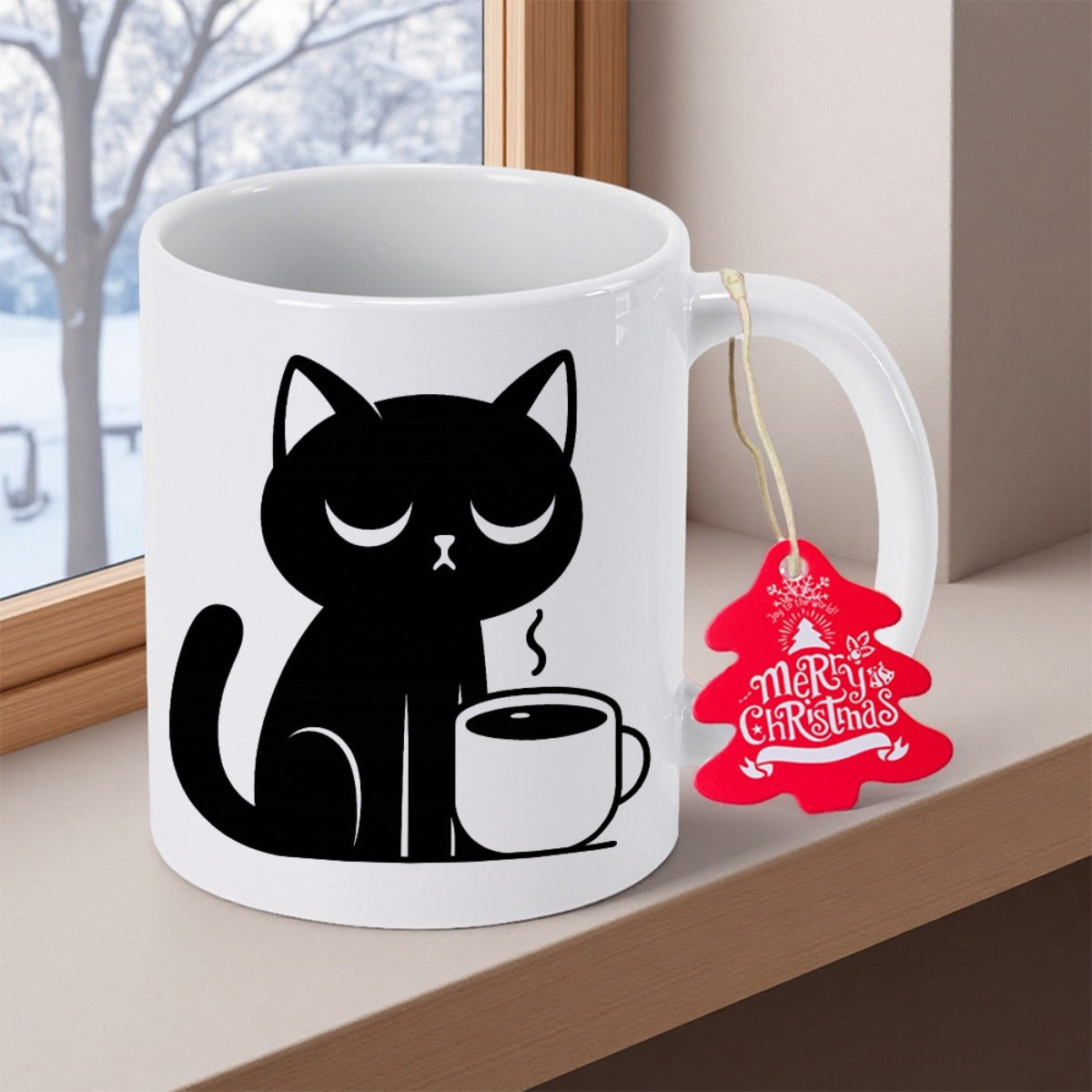 Tailorly White Ceramic 11 oz Mug - Merry Christmas Black Minimalist Feline Sitting Beside Steaming Hot Coffee Beverage Mug Cat
