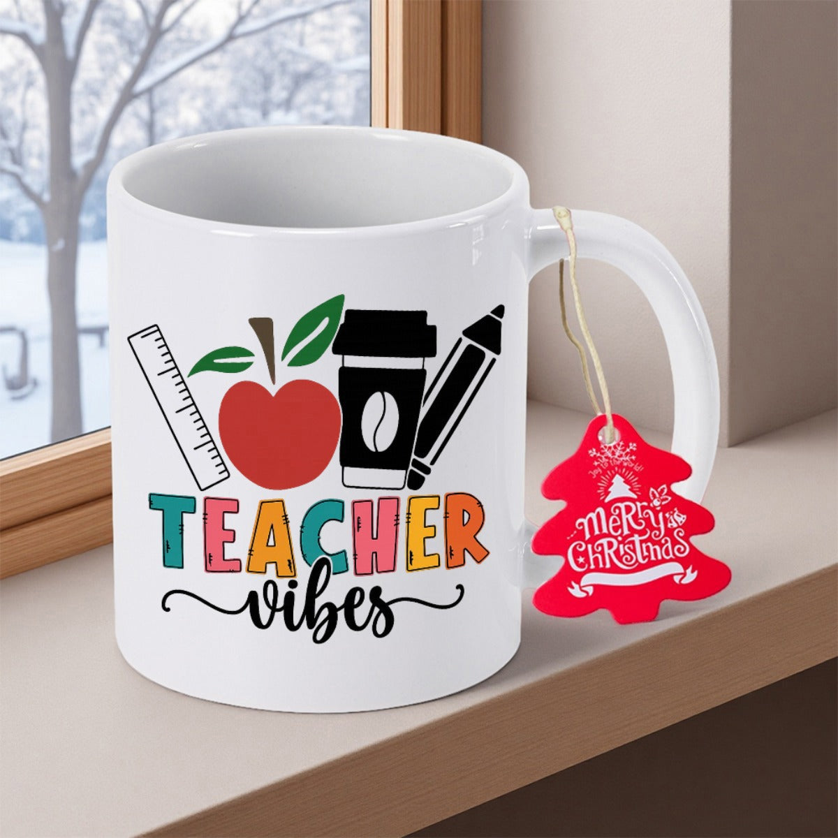 Tailorly White Ceramic 11 oz Mug - Teacher Vibes Colorful Retro School Tools Featuring Red Apple And Coffee Cup Mug
