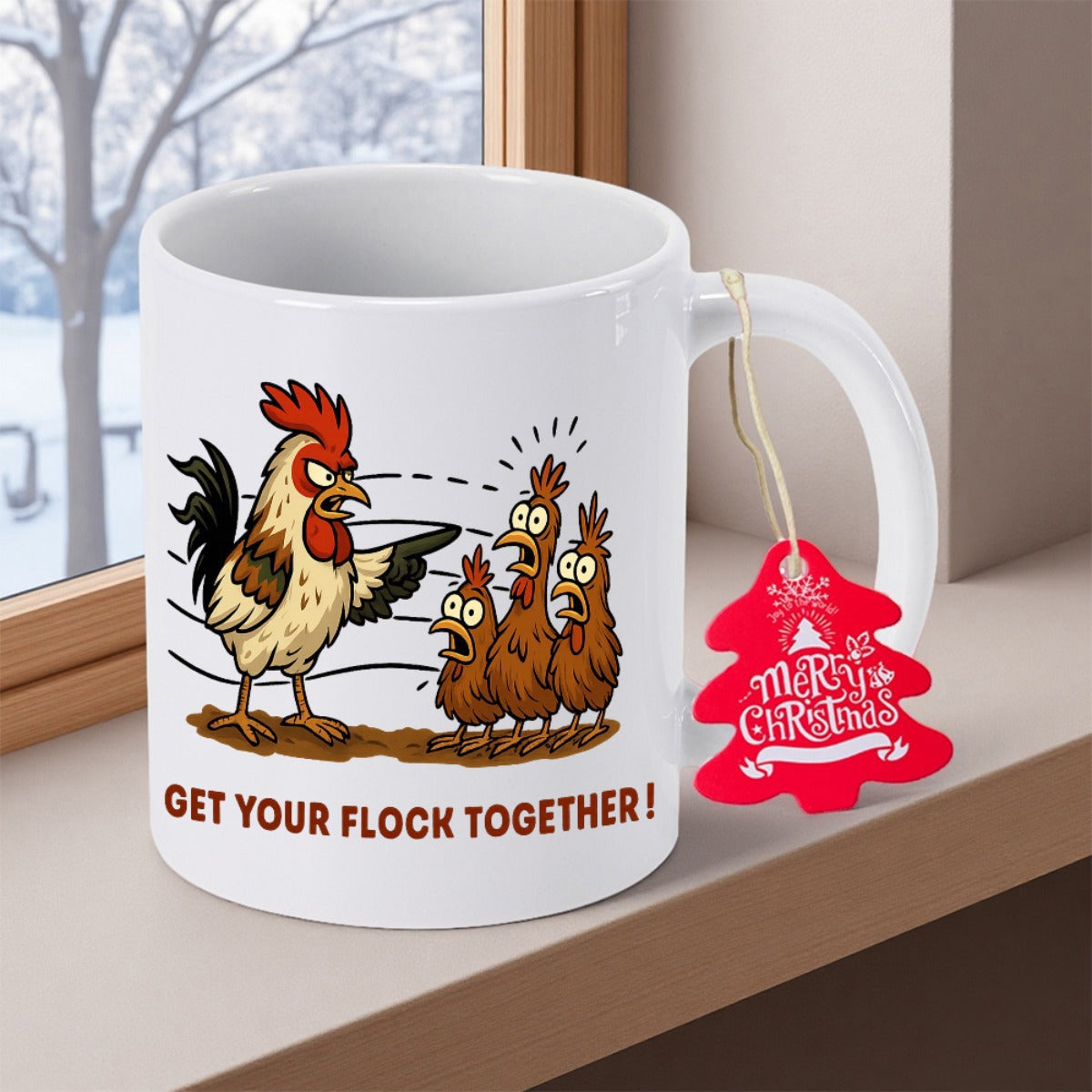 Tailorly White Ceramic 11 oz Mug - Get Your Flock Together Funny Cartoon Rooster Shouting At Surprised Group Of Brown Chicken