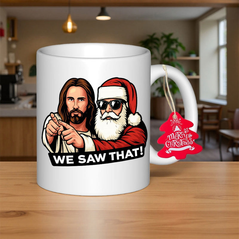 Tailorly White Ceramic 11 oz Mug - We Saw That Illustrative Design Featuring Jesus And Santa Claus Wearing Sunglasses Pointing Forward Santa