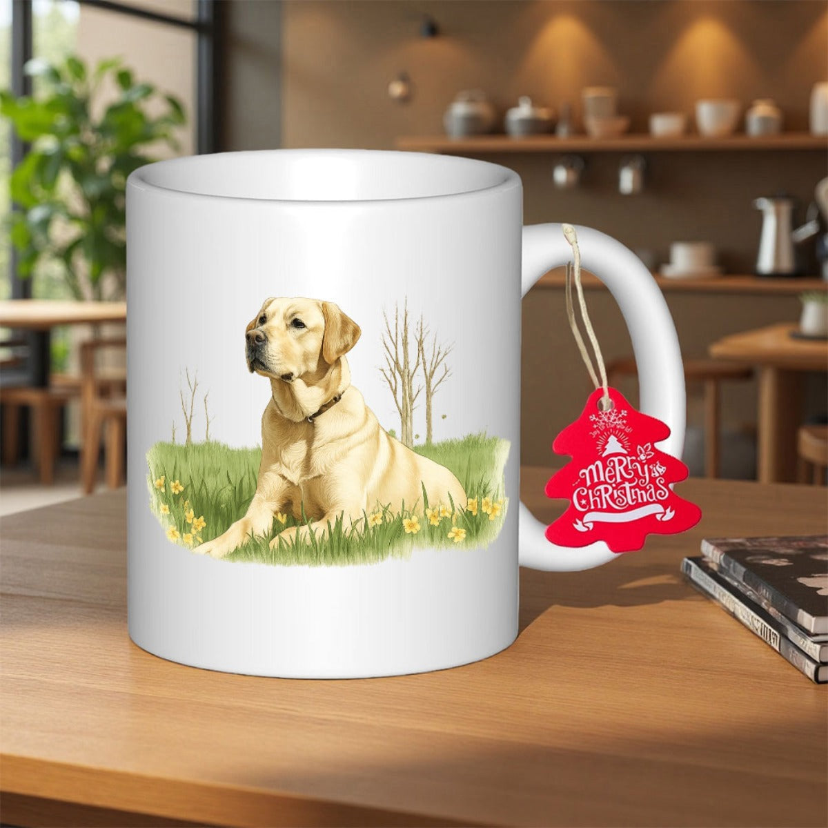 Tailorly White Ceramic 11 oz Mug - Merry Christmas Loyal Golden Dog Resting Peacefully In A Lush Green Meadow Field Labrador