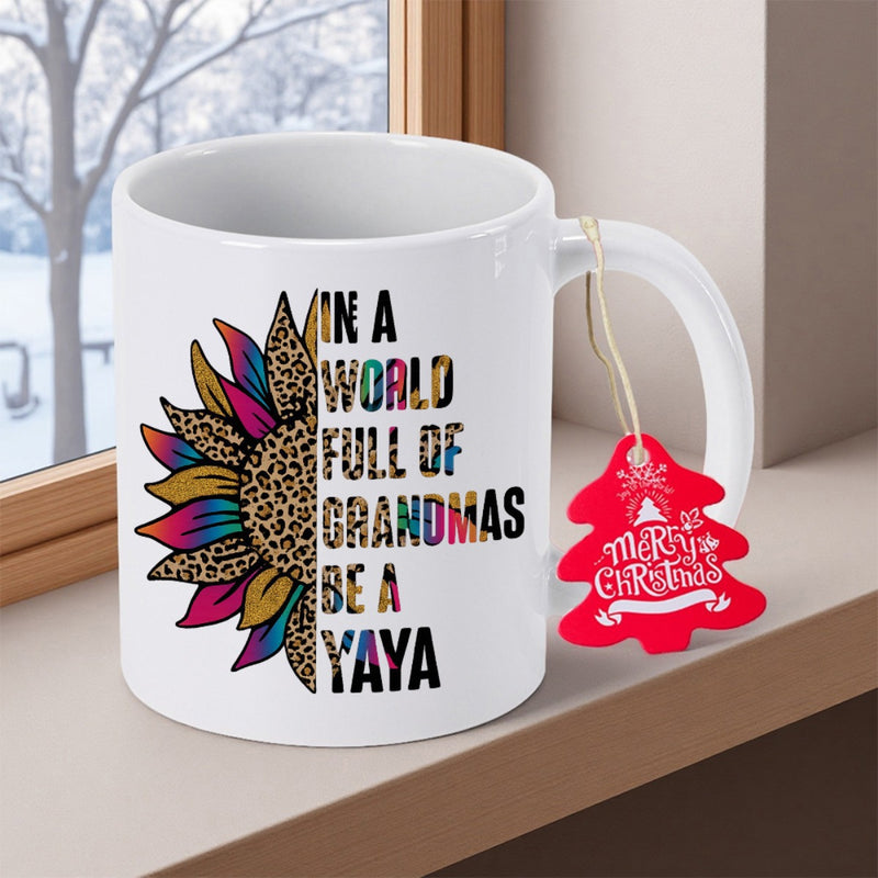 Tailorly White Ceramic 11 oz Mug - In A World Full Of Grandmas Be A Yaya Vibrant Half Sunflower With Leopard Print Petals And Colorful Artistic Patterns Sunflower