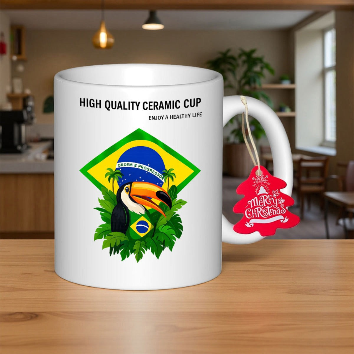 Tailorly White Ceramic 11 oz Mug - High Quality Ceramic Cup Enjoy A Healthy Life Vibrant Toucan Surrounded By Tropical Leaves And Brazil Flag Symbols Toucan