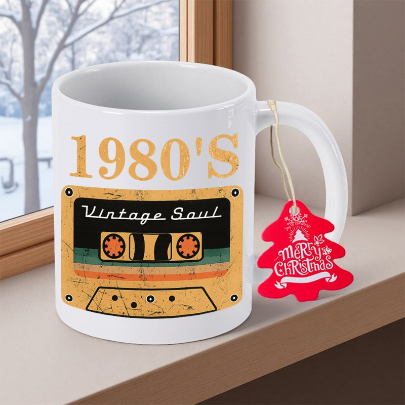 Tailorly White Ceramic 11 oz Mug - 1980'S Vintage Soul Retro Distressed Style With Vibrant Old School Stripes Cassette Tape