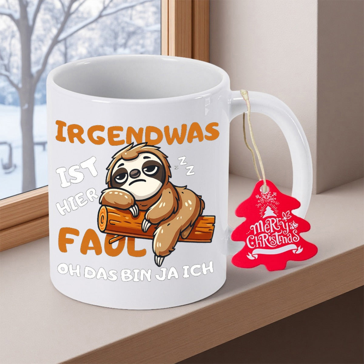 Tailorly White Ceramic 11 oz Mug - Merry Christmas Cute Lazy Sloth Napping On A Tree Branch Log Sloth