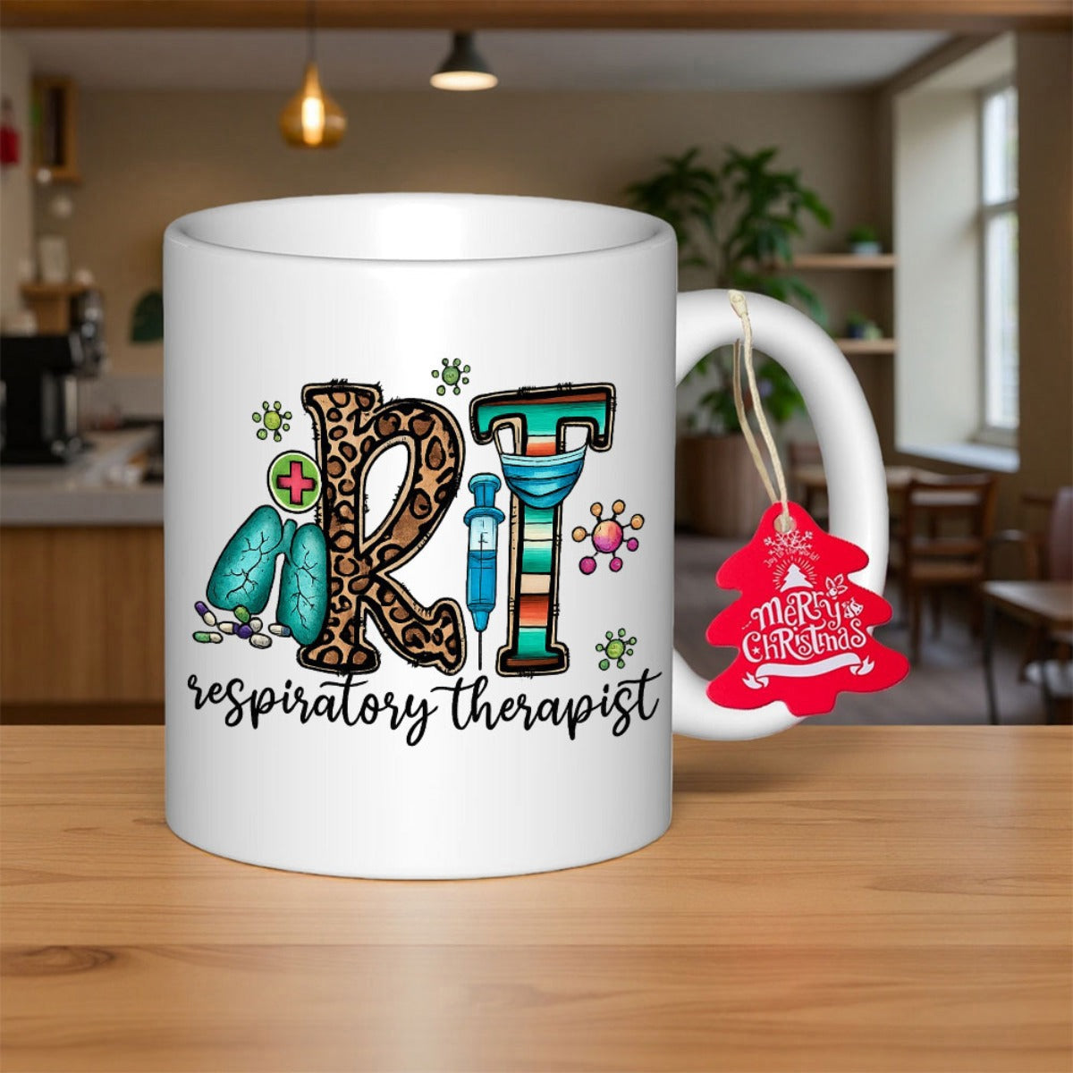 Tailorly White Ceramic 11 oz Mug - RT Respiratory Therapist Vibrant Leopard Print Pattern Featuring Medical Icons And Human Lungs Therapist