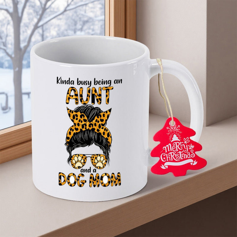Tailorly White Ceramic 11 oz Mug - Kinda Busy Being An Aunt And A Dog Mom Leopard Print Bandana With Messy Bun And Stylish Sunglasses Woman