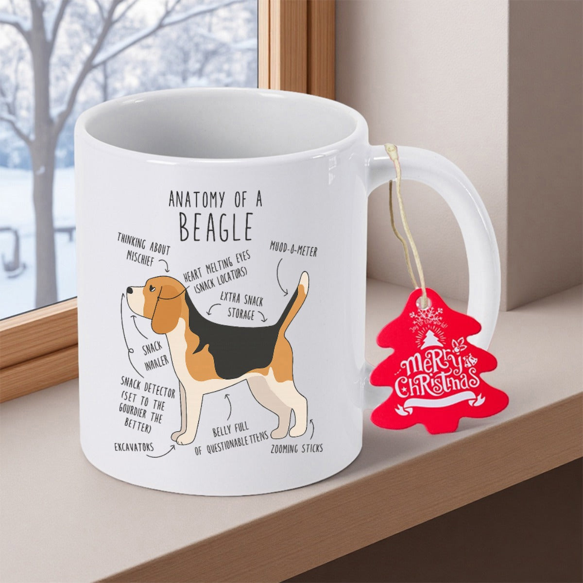 Tailorly White Ceramic 11 oz Mug - Anatomy Of A Beagle Detailed Tricolor Dog Diagram With Scientific Labels And Pointer Lines Beagle